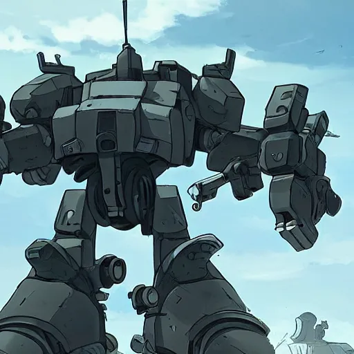 Image similar to a mech with guns on each arm preparing for combat, battlefield, dead trees, fire, smoke, dark clouds, slightly sunny, ominous, intense, epic, extremely detailed, cinematic lighting, studio ghibli, anime,