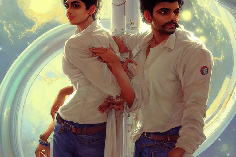 Image similar to Sensuous good looking pale young Indian doctors wearing jeans in a space station above Earth, portrait, elegant, intricate, digital painting, artstation, concept art, smooth, sharp focus, illustration, art by artgerm and greg rutkowski and alphonse mucha