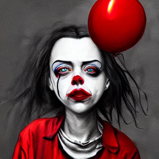 Prompt: surrealism grunge cartoon portrait sketch of billie eilish the raven with a wide smile and a red balloon by - michael karcz, loony toons style, pennywise style, horror theme, detailed, elegant, intricate