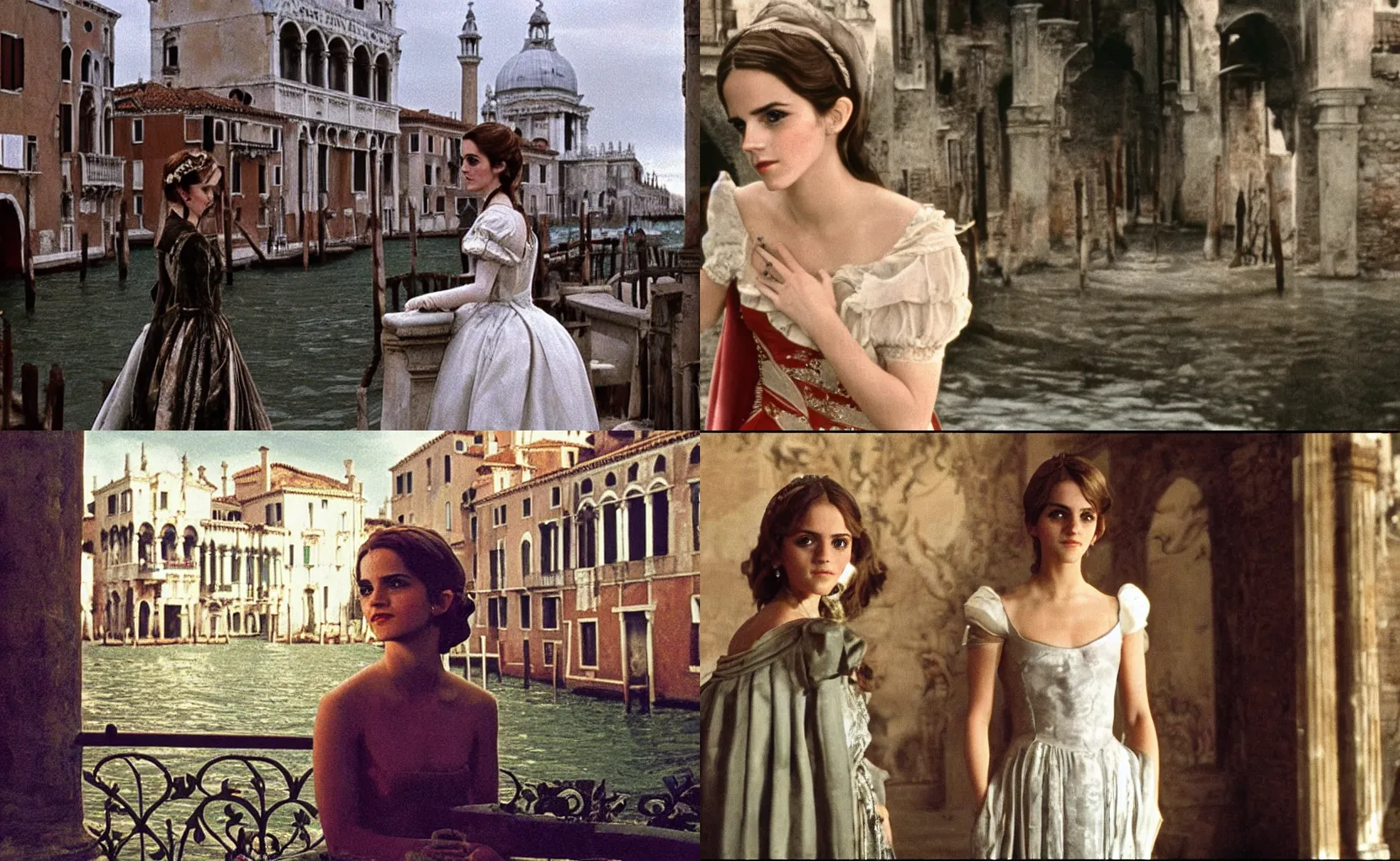 Prompt: scene of pulciana ( 1 9 7 6 ) a film of luchino visconti with a close up emma watson as a duchess. venice and a labyrinth in the background. technicolor, dramatic light, cinematic composition, flamboyant in the style of piranesi