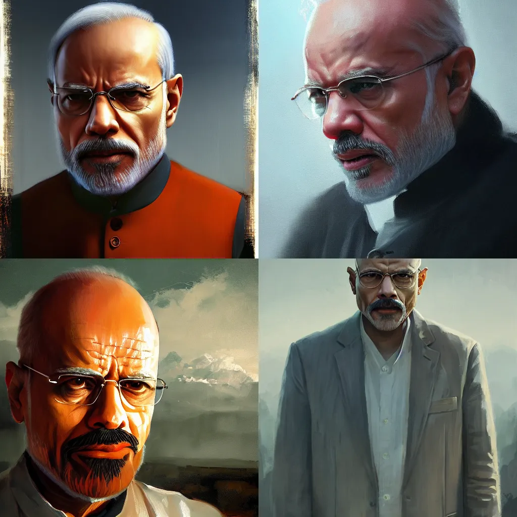 Prompt: Narendra Modi as Walter White, masterpiece, oil on canvas, by Greg Rutkowski, neoclassical portrait, sharp, HD, detailed, cinematic composition, dramatic, concept art, best lighting, 8K,