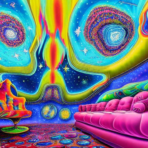 Prompt: psychedelic trippy couch in space, planets, milky way, sofa, cartoon by rob gonsalves and dale chihuly