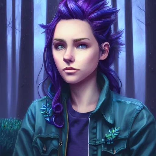 Prompt: an insanely detailed realistic depiction of beautiful haley from stardew valley standing in the rainy forest wearing black shirt under blue denim jacket, purple hair, pretty blue eyes, in the style of peter mohrbacher, artgerm, dramatic lighting and composition, octane render, trending on artstation, concept art 8 k