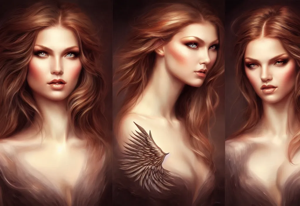 Image similar to picture split from the middle with an border, evil angels with different backrounds, intricate, elegant, highly detailed, realistic hair, centered, digital painting, art station, conceptual art, soft, sharp focus, illustration, artwork, artgerm, wlop, boris vallejo