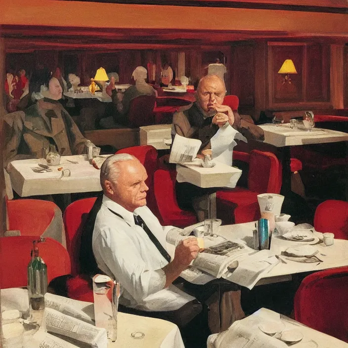 Image similar to Anthony Hopkins reading newspaper at the restaurant packed with women that look like Gal Gadot, art deco interior, skylight open ceiling, designed by Frank Lloyd Wright, highly detailed, painted by Edward Hopper, painted by James Gilleard