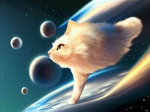 Prompt: cat in space, digital painting, elegant, beautiful, highly detailed, artstation, concept art