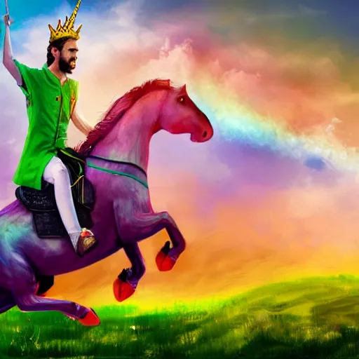 Image similar to pewdiepie riding a unicorn, pointing in the right direction, wearing a crown, green paradise landscape, vivid colors, pastelle, digital art, trending on artstation