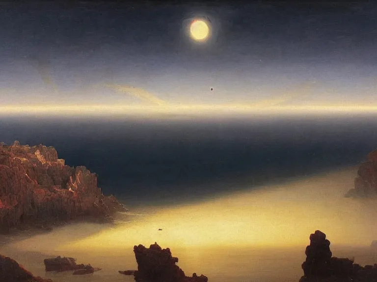 Image similar to an oil painting of an alien planet and the coastline of a black ocean at dawn, beautiful sky by beksinski carl spitzweg and tuomas korpi. baroque elements, full-length view. baroque element. intricate artwork by caravaggio. Trending on artstation. 8k