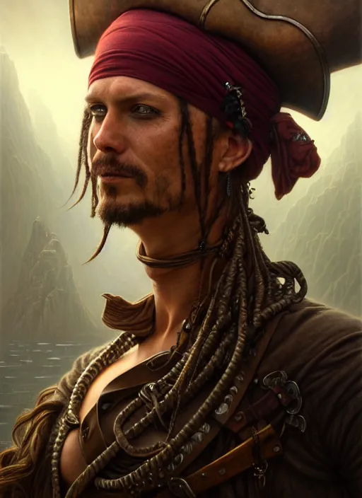 Prompt: closeup portrait shot of a pirate in a scenic dystopian environment, intricate, elegant, highly detailed, centered, digital painting, artstation, concept art, smooth, sharp focus, illustration, artgerm, tomasz alen kopera, peter mohrbacher, donato giancola, joseph christian leyendecker, wlop, boris vallejo