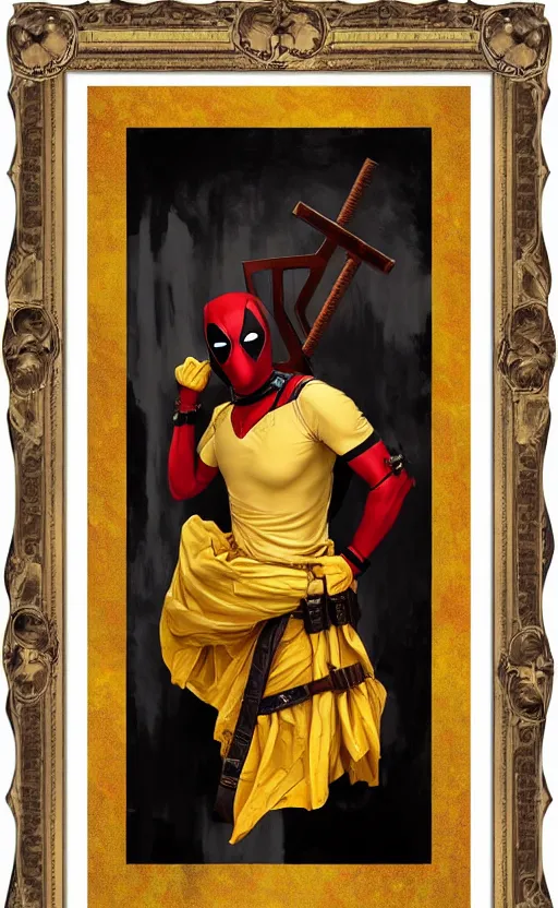 Image similar to deadpool portrait photography masterpiece, perfectly poised, foreshortening, brown hair fringe, yellow ochre ornate medieval dress, frederic leighton, background by william morris and kilian eng, framed, 4 k