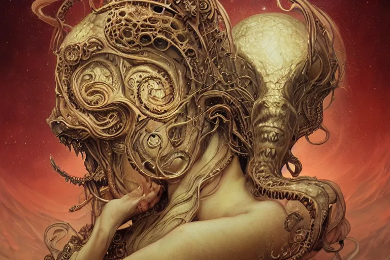 Image similar to a lovecraftian painting of cthulhu face of cosmic horror, cosmic horror elements, ultra realistic, concept art, intricate details, eerie, highly detailed, photorealistic, octane render, 8 k, unreal engine. art by artgerm and greg rutkowski and alphonse mucha