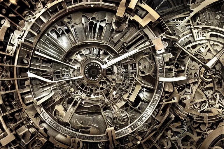 Prompt: A endless dimension of clocks, gears and other mechanical mechanisms, epic landscape shot, panorama