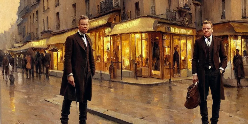 Image similar to we see ewan mcgregor from side. he is dressed as a gentleman at early 2 0 th century paris. atmospheric feeling, warm colours, brown colours, yellow colours, epic scene, cinematic, very detailed, oil painting