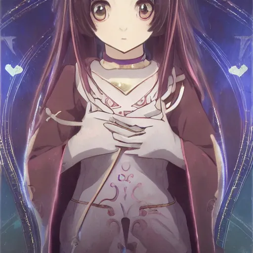 Image similar to puella magi, anime style, short hair, hair down, symmetrical facial features, from arknights, witch clothes, hyper realistic, castle cards background, 4 k, rule of thirds, extreme detail, detailed drawing, trending pixiv, fantasy, d & d, realistic lighting, by alphonse mucha, greg rutkowski, sharp focus, backlit