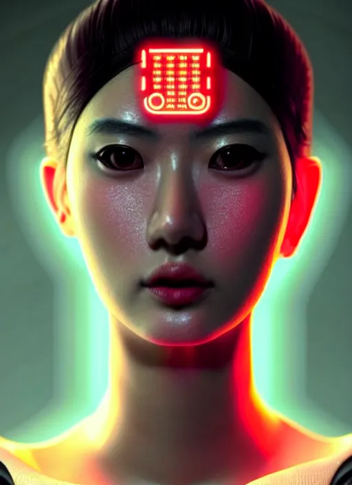 Image similar to photorealistic portrait of oriental female humanoid with freckle cheeks, cyber neon lightings, intricate, cyberpunk high fashion, elegant, crispy quality, digital photography, trending in artstation, trending in pinterest, glamor pose, no signature, no watermark, cinematic, octane render, art by artgerm, art by greg rutkowski, art by pascal blanche