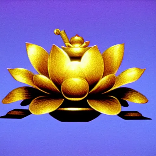 Prompt: a pastel illustration in the style of noriyoshi ohrai and mark tedin of an ancient holy gilded metal lotus artifact that sits in a temple on pillow. key art. 4 k retrofuturistic fantasy