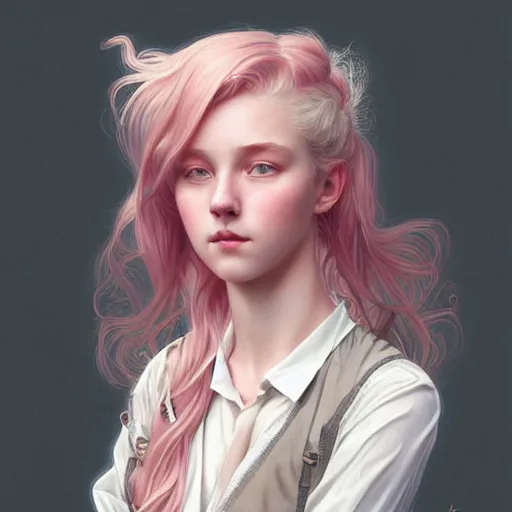 Image similar to portrait of a scottish teenage girl with pinkish blonde hair, glowing skin, delicate features, nerdy, fantasy, intricate, elegant, dress shirt, highly detailed, digital painting, artstation, concept art, smooth, sharp focus, illustration, art by Krenz Cushart and Artem Demura and alphonse mucha