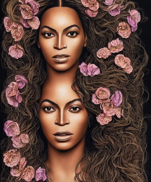 Image similar to facial portrait of Beyonce as a young pretty woman in flowing dress, arrogant, mysterious, long fine flowing hair, delicate, looking at camera, realistic face, intricate, stylish, elegant, grimdark, flowers, extremely detailed photograph by Martine Johanna and Ernst Haeckel and Greg Rutkowski