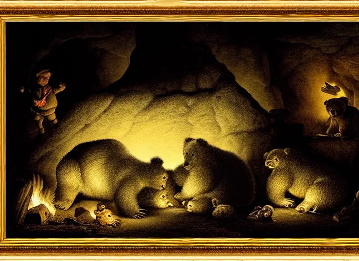 Image similar to Pieter Claesz's 'bear and her cubs sleeping in a dark cave lit by campfire', night time, cross hatching, framed