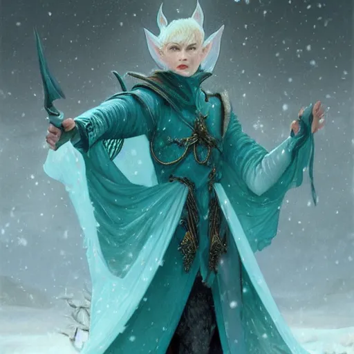 Image similar to handsome pointy - eared male snow elf in a turquoise cape and silver ornate armour, albino skin, androgynous face, mid - shot, moonlight snowing, ethereal opalescent mist, winter vibes, perfect face, elegant, very coherent symmetrical artwork, by greg rutkowski, alphonse mucha, charlie bowater, trending on artstation