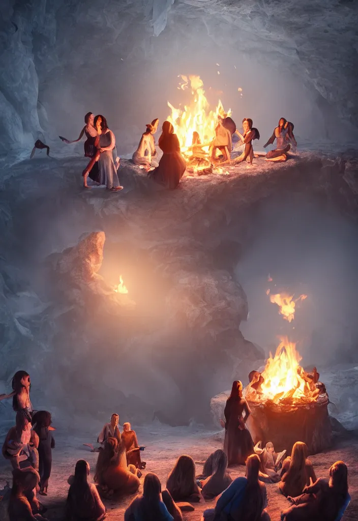 Image similar to epic leader pregnant woman talking to all her tribe around a bonfire, proud people looking at the pregnant woman, ice cave, facinating, fantasy digital art, octane render, beautiful composition, trending on artstation, award - winning photograph, masterpiece