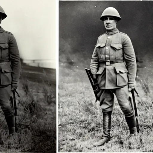 Image similar to previously unseen leaked ww1 photographs of kirby on the battlefield, soldier kirby photo restoration ww1 era photograph, soldier kirby in ww1 field