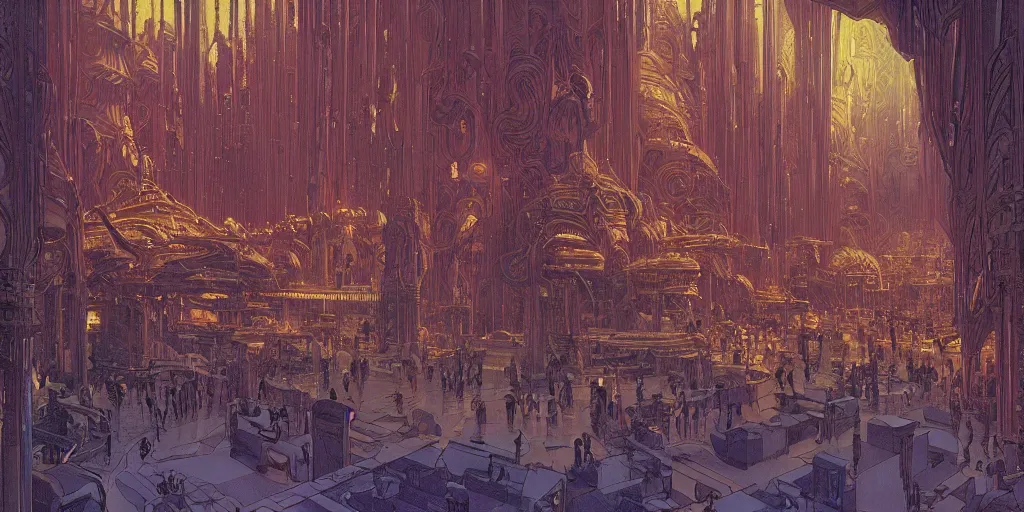 Prompt: a cinematic shot of the interior of a sci - fi space station with ornate elven architecture bustling with people by jean giraud moebius, crystalline, emerald, detailed matte illustration by moebius, clean lines, sharp focus