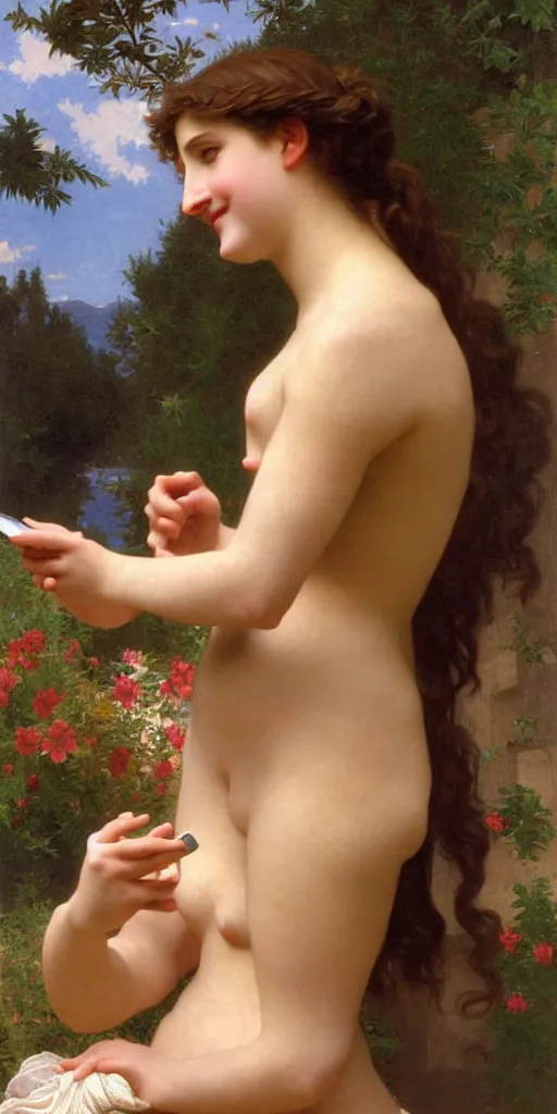 Image similar to Painting of Aphrodite smiling at a text she just received on her smartphone. Art by william adolphe bouguereau. During golden hour. Extremely detailed. Beautiful. 4K. Award winning