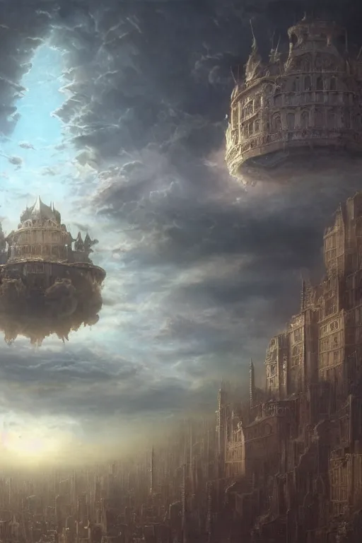 Image similar to a beautiful hyper realistic detailed matte painting of a city floating in the air, flying castle might, vivid color hues, looks like creativity by john howe, greg rutkowski, gustave dore, ferdinand knab, lush sky above a desolate apocalyptic plain, barometric projection, rectilinear, octane render, ellen jewett, beautiful surreal palatial pulsar at dawn