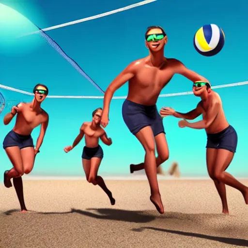 Prompt: centaurs wearing sunglasses playing volleyball on a beach, jump kick, 4 k, ultra realistic, detailed focused, retro wave