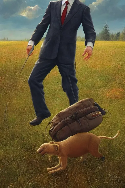 Prompt: A highly detailed photorealistic full portrait of Vladimir Putin frolicking in the field by Simon Stalenhag and Thomas Kinkaid, Octane render, trending on cgsociety, HDR, 8K I cant believe how accurate this is