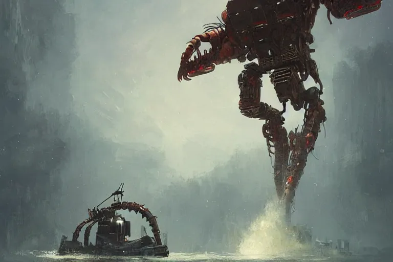 Image similar to very detailed vintage science - fiction giant robot lobster, beautiful painting, david roberts, greg rutkowski, james gurney, artstation.