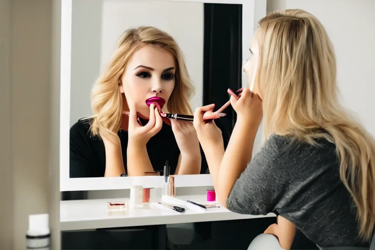 Prompt: young woman putting makeup on, holding lipstick and touching her lips with it, looking at mirror, blonde hair, sitting on a chair