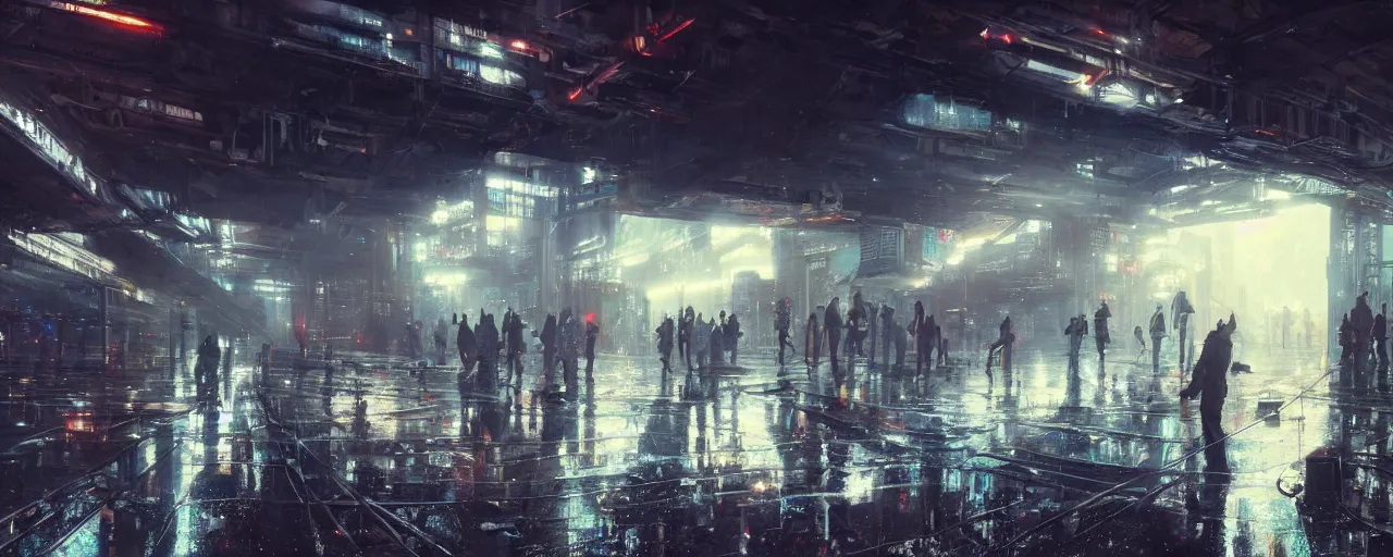 Image similar to under a highway bridge of a cyberpunk city, rain, night, flying shuttles, advertising pannels, rays of light, james gurney, greg rutkowski, unreal engine 5, artstation, sharp focus, award winning