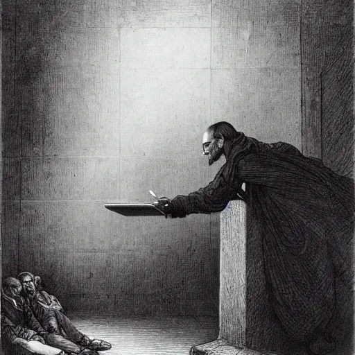 Prompt: steve jobs breaks the tablets of the law by gustave dore.