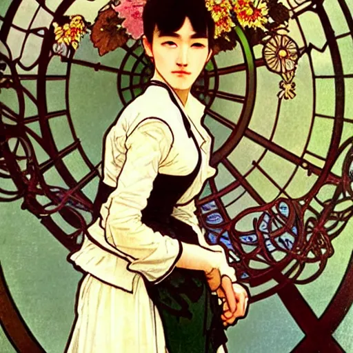 Image similar to full body painting of grumpy handsome thin beautiful young man in his 2 0 s named min - jun in a modest french female maid outfit and crossing his arms, modern clothing, elegant, clear, painting, stylized, sharp facial features, pouty, highly detailed, art, art by alphonse mucha