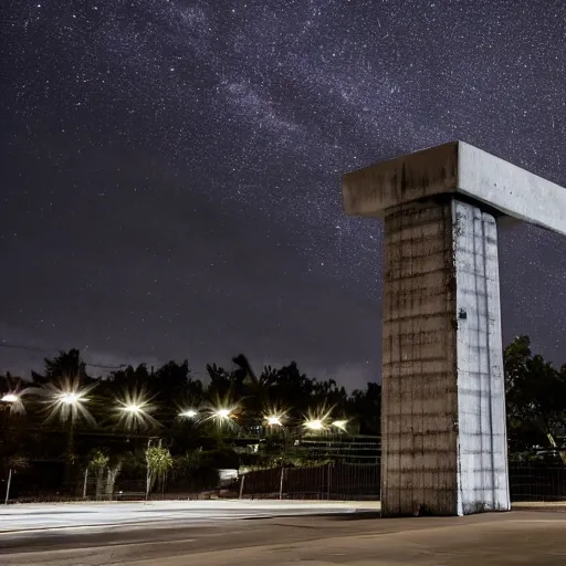 Prompt: a massive concrete structure at night with a lone street lamp in front of it, megalophobia,