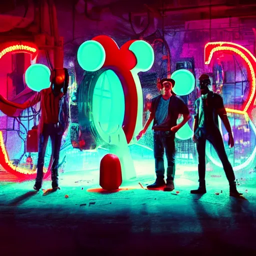 Prompt: a group of people standing around a giant bloody mickey mouse, cyberpunk art by david lachapelle, cgsociety, dystopian art by industrial light and magic, netflix neon logo concept art, neons, interior