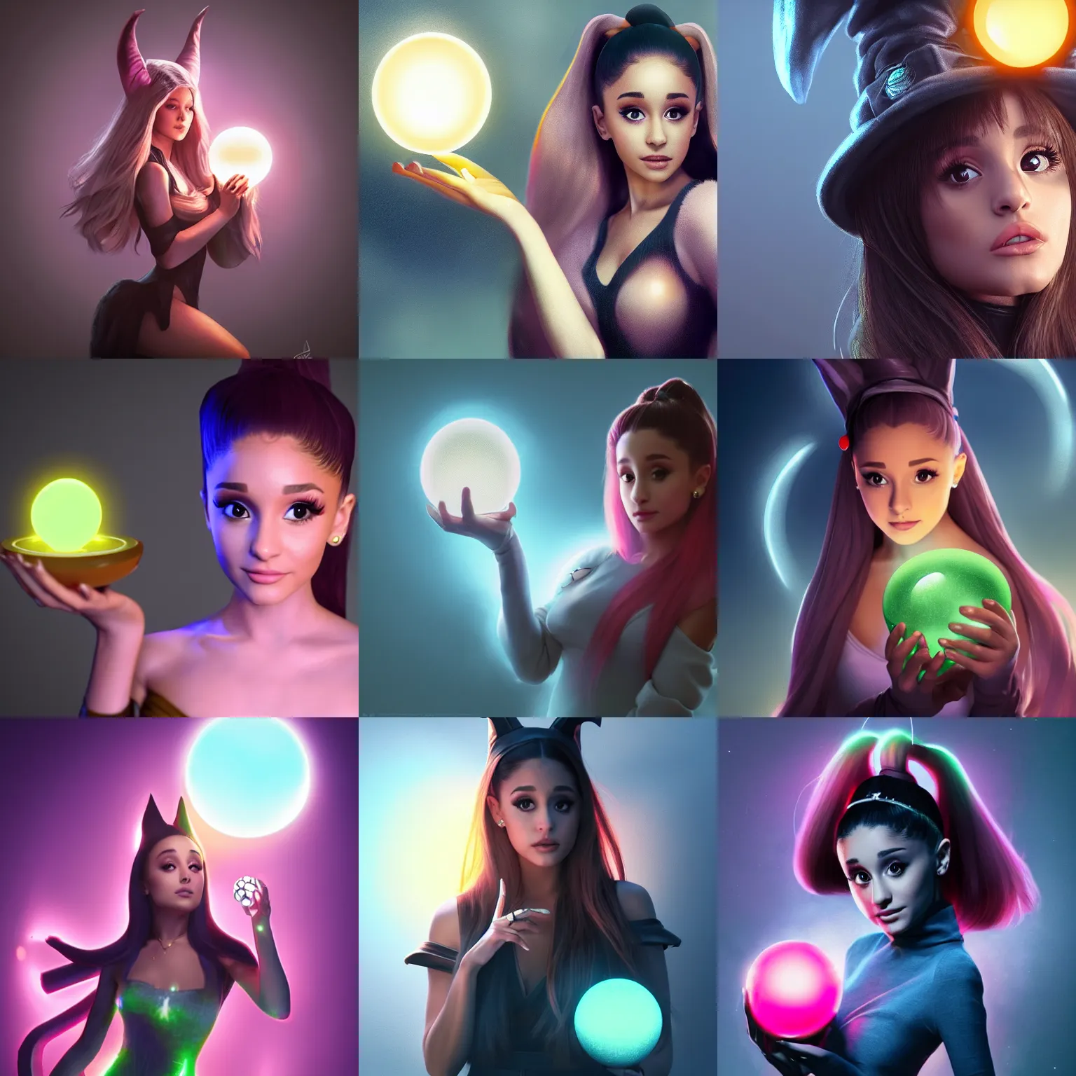 Prompt: Ariana Grande wearing witches hat holding a glowing nature orb. Trending on Artstation, octane render, ultra detailed, art by Ross tran