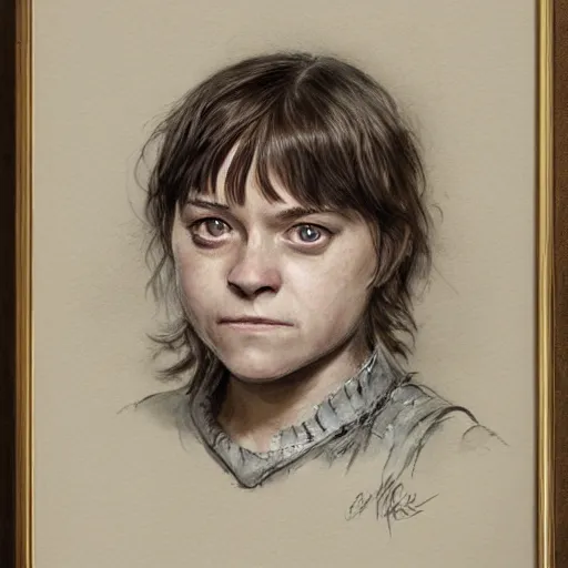 Prompt: portrait of shopie turner as arya stark, by jean - baptiste monge