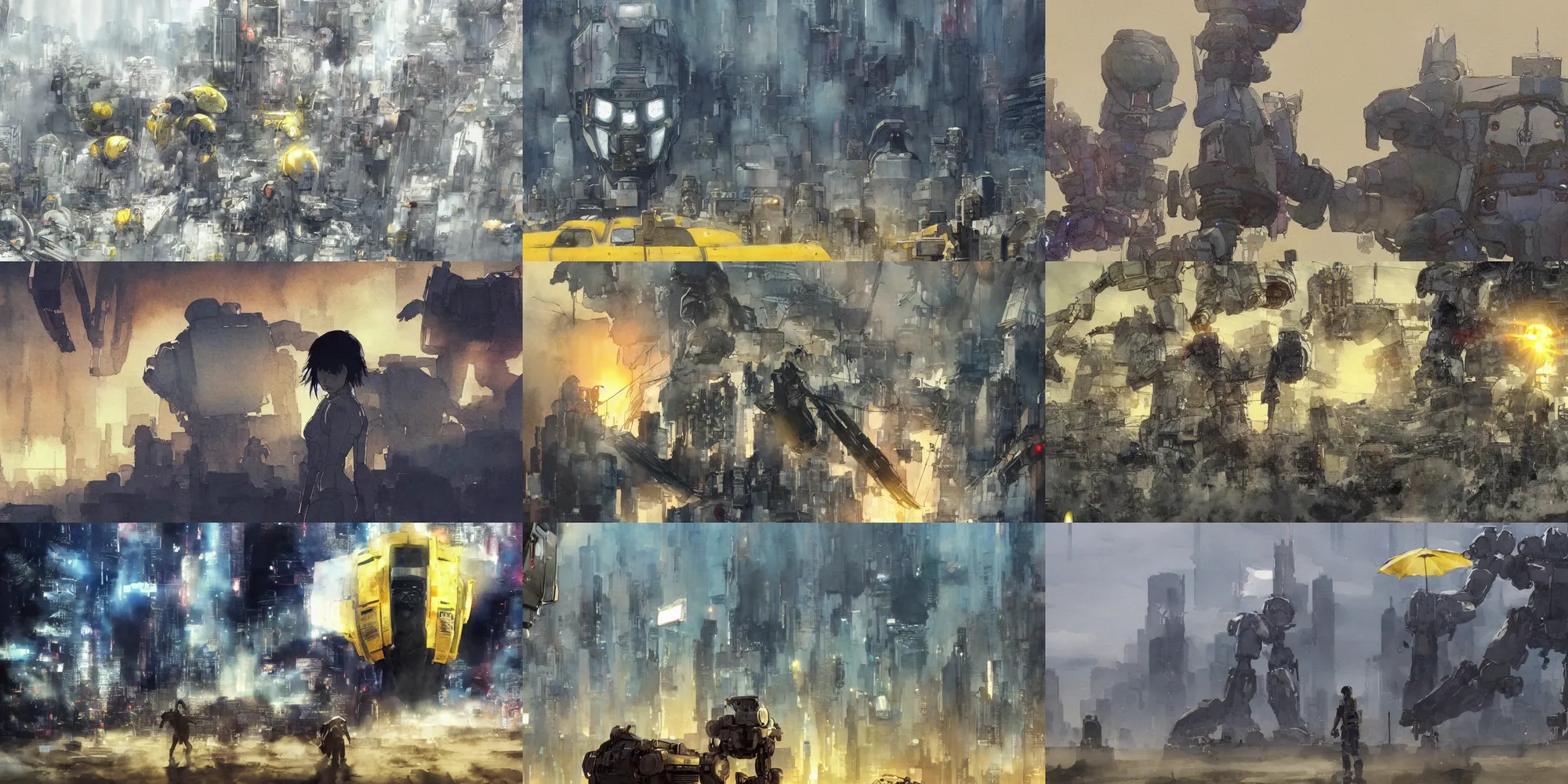 Prompt: incredible wide screenshot, ultrawide, simple watercolor, watercolor paper, rough paper texture, katsuhiro otomo ghost in the shell movie scene, backlit distant shot of a giant robot invasion side view, robots fight, mecha, geiger,robot eyes, robot head, robot shadow, robot crusher, robot stomp, panic, looking up, yellow parasol in deserted dusty shinjuku junk town, broken vending machines, bold graphic graffiti, old pawn shop, bright sun bleached ground, mud, fog, dust, windy, scary robot monster lurks in the background, ghost mask, teeth, animatronic, black smoke, pale beige sky, junk tv, texture, shell, brown mud, dust, tangled overhead wires, telephone pole, dusty, dry, pencil marks, genius party,shinjuku, koju morimoto, katsuya terada, masamune shirow, tatsuyuki tanaka hd, 4k, remaster, dynamic camera angle, deep 3 point perspective, fish eye, dynamic scene