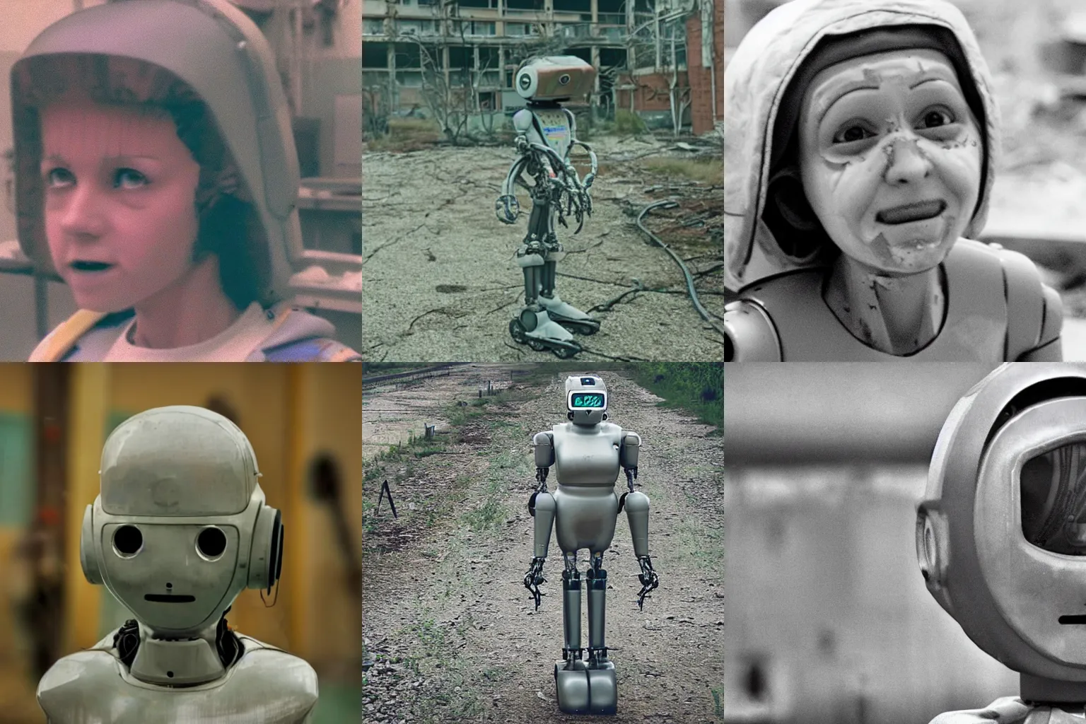 Prompt: zoom-lens photo of a decrepit robot girl in chernobyl