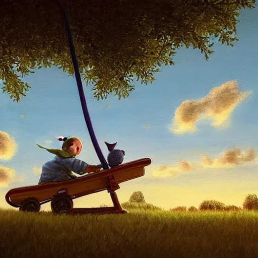 Image similar to high - angle view, shot from 5 0 feet distance, baby yoda strolls plays on a seesaw in a city park. a balloon vender in the background. dramatic clouds, setting sun. golden hour, oil on canvas painting, detailed, depth, volume, chiaroscuro, quiet intensity, serene.