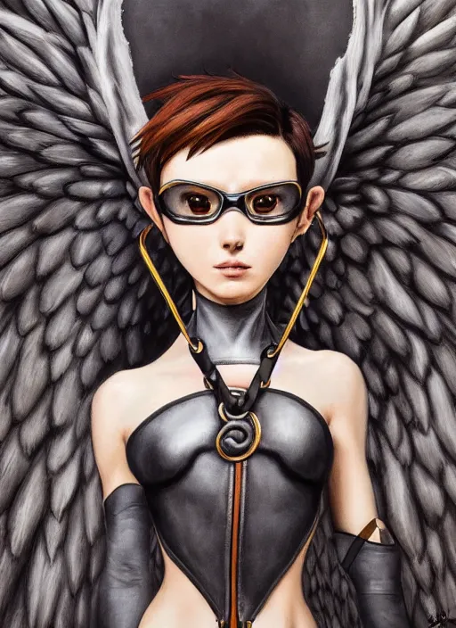 Image similar to full body artwork of tracer overwatch wearing leather collar in style of zdzisław beksinski, angel wings, dramatic painting, symmetrical composition, wearing detailed leather collar, black shiny armor, chains, black harness, detailed face and eyes,