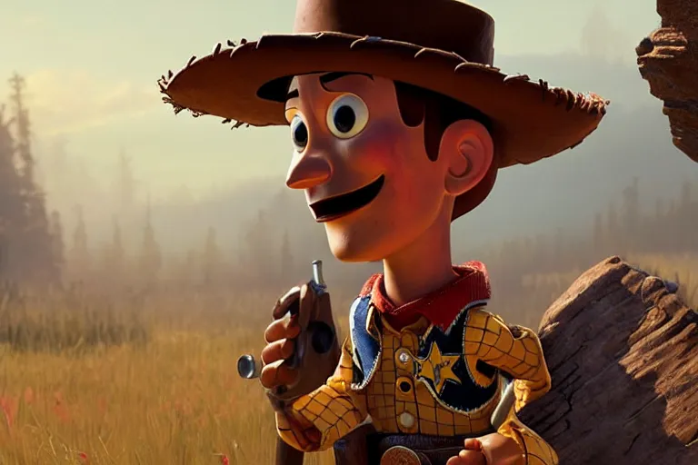 Image similar to woody from toy story in a scene from red dead redemption, artstation, concept art, smooth, sharp focus, illustration, art by and greg rutkowski and alphonse mucha