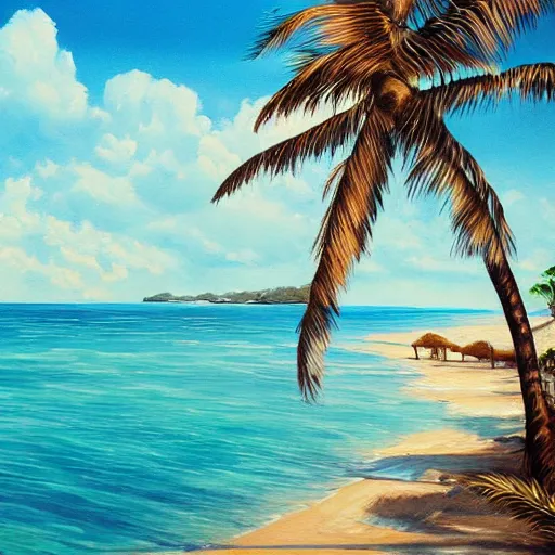 Image similar to A beautiful award winning painting of a tropical beach with palm trees and blue ocean, trending on artstation