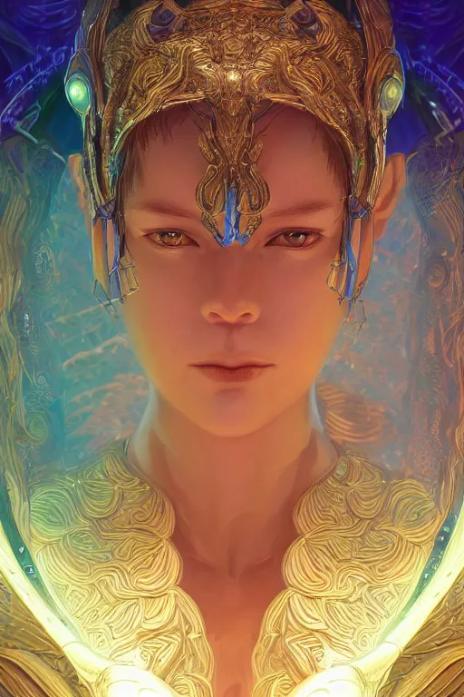 Prompt: Portrait of a psychedelic sci-fi goddess, third person, D&D, sci-fi fantasy, intricate, blue and gold, highly detailed , art by Range Murata, highly detailed, 3d, octane render, bright colors, digital painting, trending on artstation, sharp focus, illustration style of Stanley Artgerm,