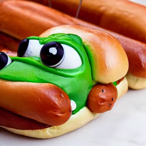 Image similar to pepe the frog in a hot dog bun piled on a grill