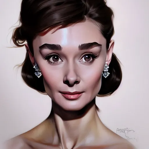 Image similar to portrait of a young audrey hepburn, upper body, seductive eyes, long hair, joyful smirk, intricate, elegant, highly detailed, digital painting, artstation, concept art, matte, sharp focus, illustration, art by artgerm and greg rutkowski and alphonse mucha