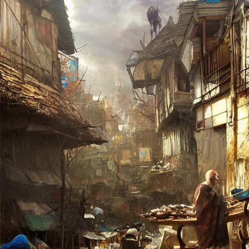 Prompt: slum neighborhood in lord of the ring world, fantasy, on artgerm, ilya yefimovich repin style, hyperrealistic content, high definition content, intricate, delete duplicate content, justify content center, ultra detailed content, realistic human content, 5 dark tone colors